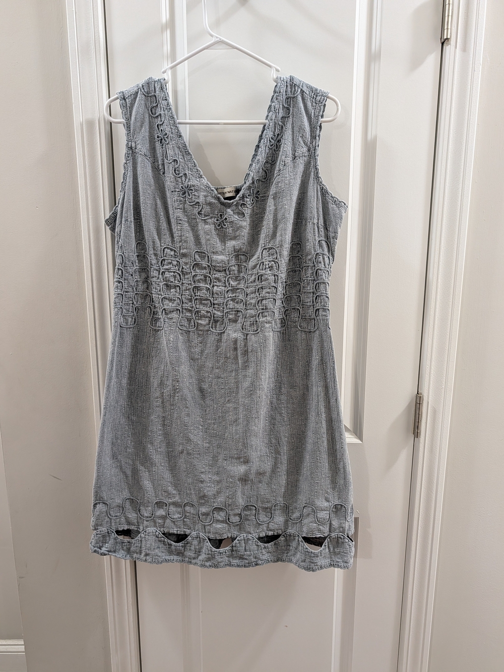 Cotton Natural Gray Acid Wash Boho Embroidered Tunic Mini Dress - Size L